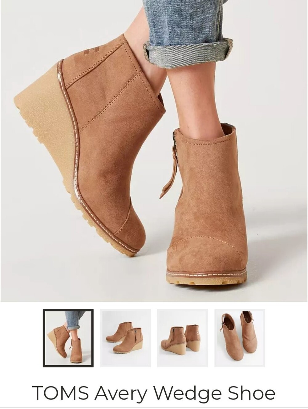 TOMS Avery Suede Wedge Ankle Boot in Toffee/ Chestnut Size 8 Zip Side